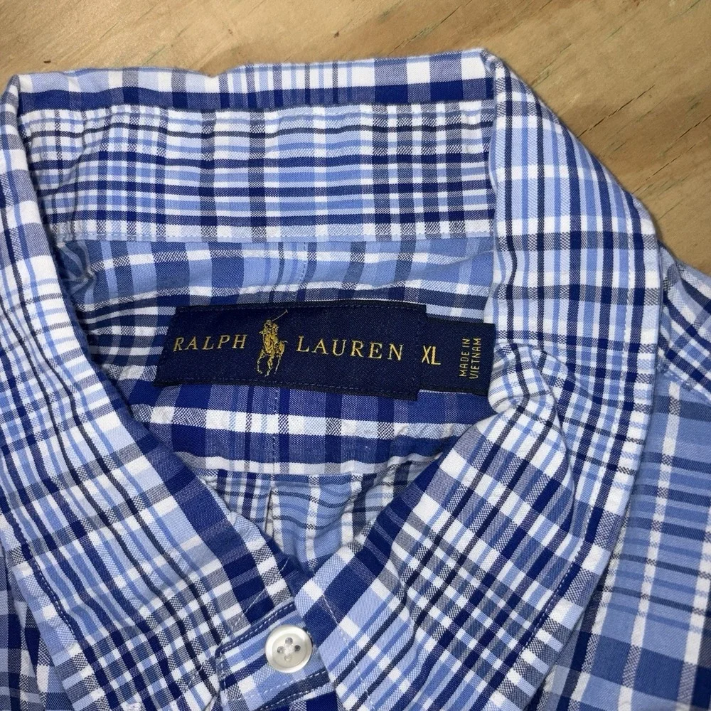 Polo Ralph Lauren Mens XL Short‎ Sleeve Blue Plaid Button Down 100% Cotton